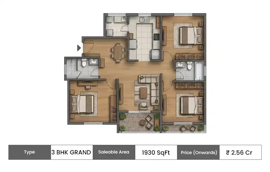 BARCA at Godrej MSR City 3 BHK Grand floor plan, 1930 sq ft saleable area