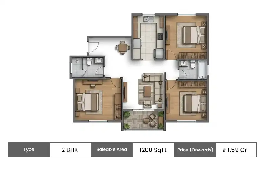 BARCA at Godrej MSR City 2 BHK floor plan, 1200 sq ft saleable area