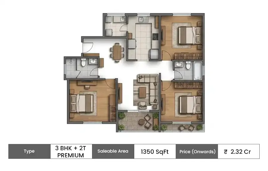 BARCA at Godrej MSR City 3 BHK + 2T Premium floor plan, 1750 sq ft saleable area